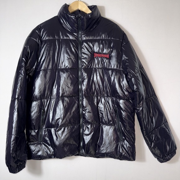 Spalding Puffer Jacket Mens Large Black Shiny‎ Quilted Nylon Full Zip Logo NWT